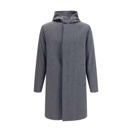 Hooded Overcoat by Lardini for men in wool & capra leather gray features an satoral silhouette, showcasing a sophisticated hooded neckline and satoral pockets & hooded for a premium, timeless look.