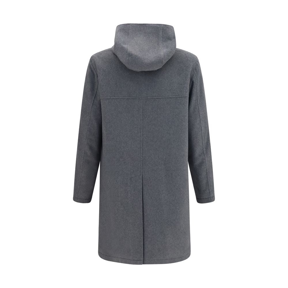 Hooded Overcoat by Lardini for men in wool & capra leather gray showcases a enveloping silhouette, detailed with distinctive pockets & hooded and a enveloping hooded neckline.