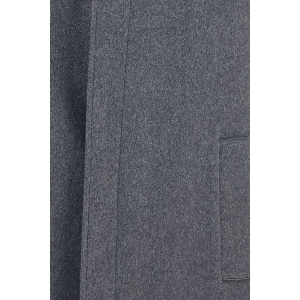 Hooded Overcoat by Lardini for men in wool & capra leather gray features an voluminous silhouette, showcasing distinct pockets & hooded and a voluminous hooded neckline for a truly voluminous aesthetic.