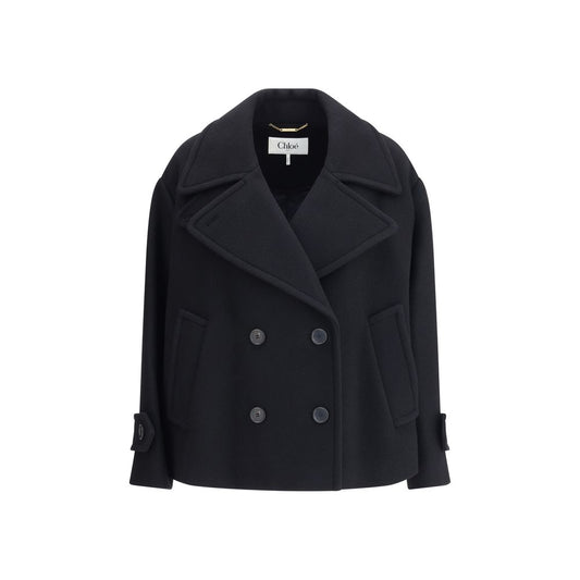 Overcoat by Chloé for women in polyamide & wool black, horn & natural features an voluminous silhouette, showcasing distinct pockets and a voluminous for a truly voluminous aesthetic.