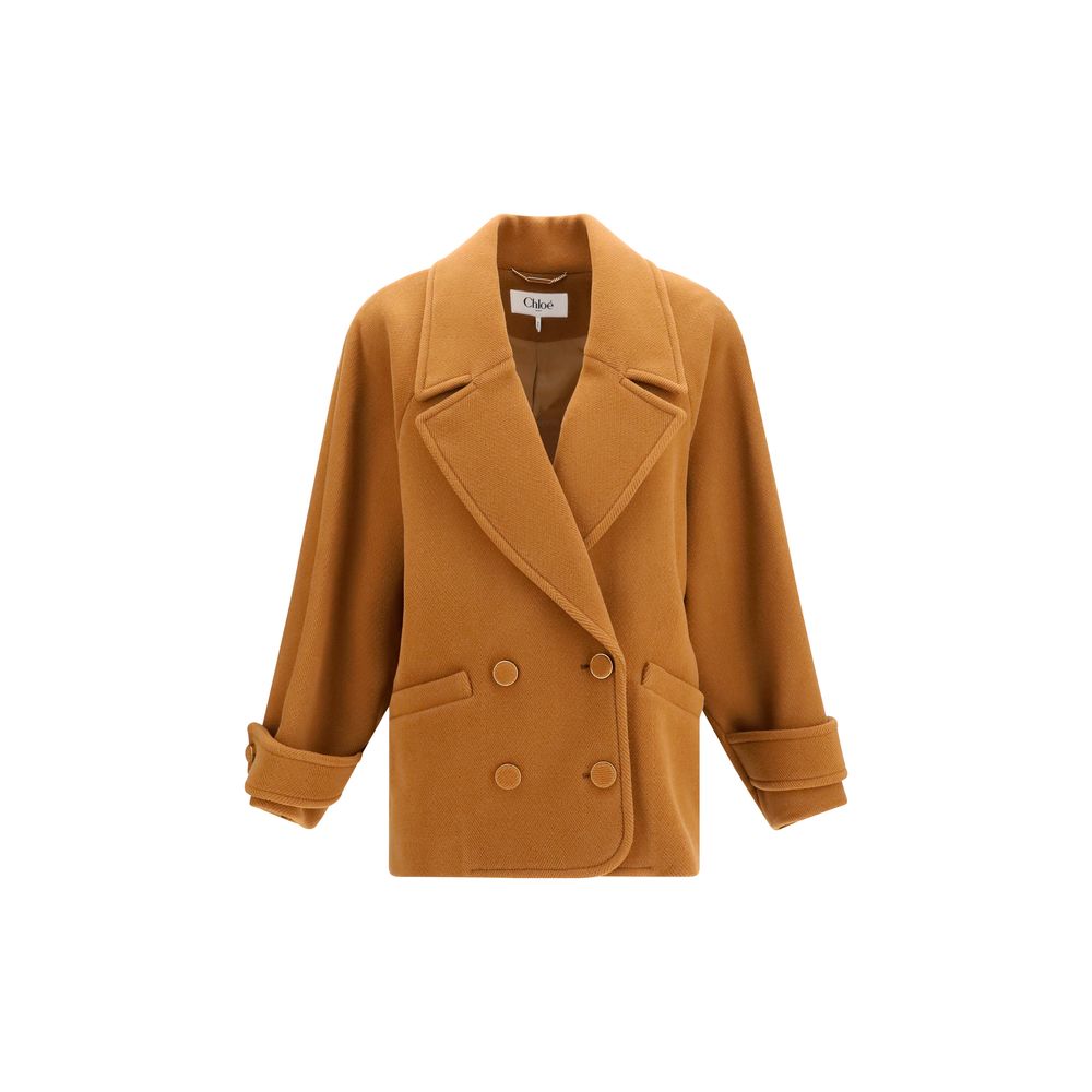 Overcoat by Chloé for women in merino wool brown, gold & herringbone presents a luxurious silhouette, showcasing a luxurious and sophisticated pockets for a premium, luxurious look.