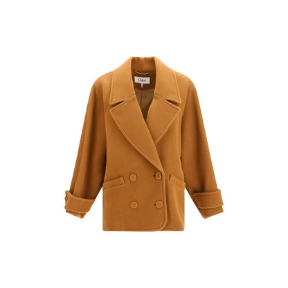 Overcoat by Chloé for women in merino wool brown, gold & herringbone presents a luxurious silhouette, showcasing a luxurious and sophisticated pockets for a premium, luxurious look.