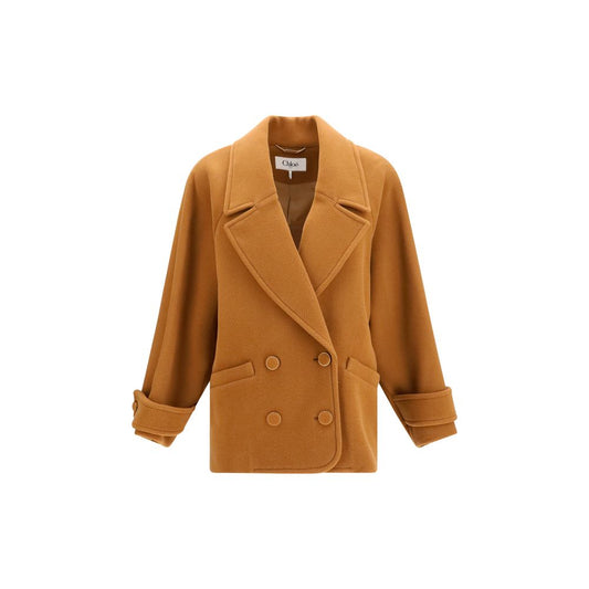Overcoat by Chloé for women in merino wool brown, gold & herringbone presents a luxurious silhouette, showcasing a luxurious and sophisticated pockets for a premium, luxurious look.