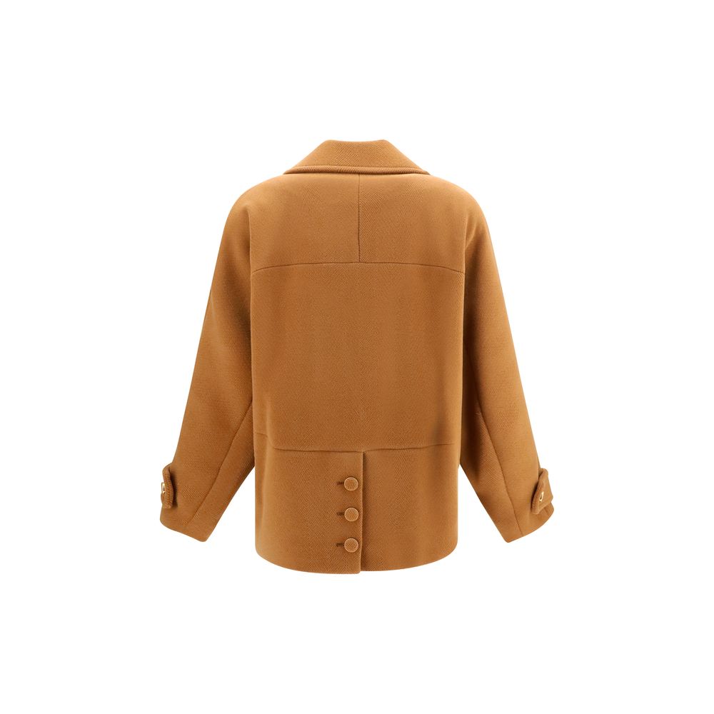 Overcoat by Chloé for women in merino wool brown, gold & herringbone features an satoral silhouette, showcasing a sophisticated and satoral pockets for a premium, timeless look.