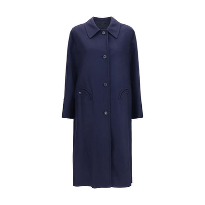 Trench Coat by Blazé Milano for women in merino wool blue presents a utilitarian silhouette, showcasing a utilitarian and sophisticated pockets & insulated for a truly utilitarian look.