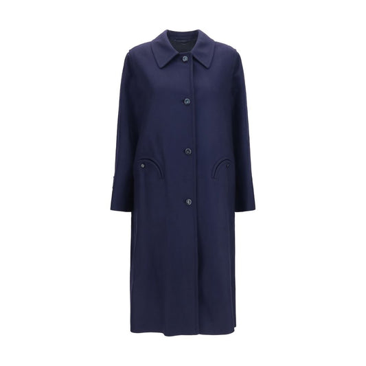 Trench Coat by Blazé Milano for women in merino wool blue presents a utilitarian silhouette, showcasing a utilitarian and sophisticated pockets & insulated for a truly utilitarian look.