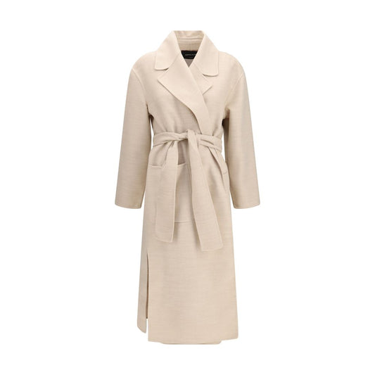 Overcoat by Fabiana Filippi for women in merino wool beige showcases a architectural silhouette, artfully detailed with a distinctive and functional pockets for a architectural finish.