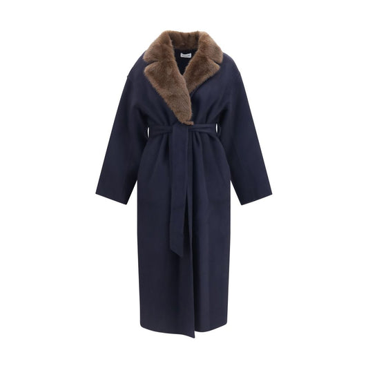 Overcoat by P.A.R.O.S.H. for women in merino wool calf leather & fur blue features an voluminous silhouette, showcasing distinct pockets and a voluminous v-neck neckline for a truly voluminous aesthetic.
