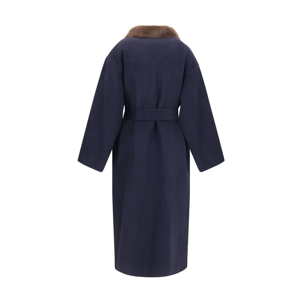 Overcoat by P.A.R.O.S.H. for women in merino wool calf leather & fur blue features a contemporary silhouette showcasing a contemporary v-neck neckline and refined pockets for a sophisticated finish.
