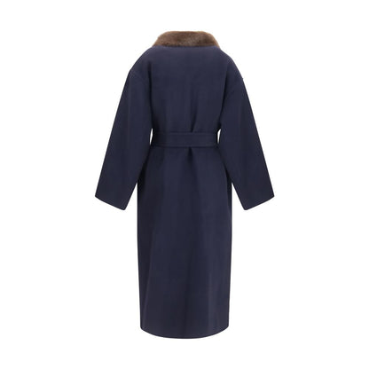 Overcoat by P.A.R.O.S.H. for women in merino wool calf leather & fur blue features a contemporary silhouette showcasing a contemporary v-neck neckline and refined pockets for a sophisticated finish.