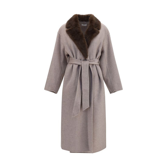Overcoat by P.A.R.O.S.H. for women in merino wool calf leather & fur beige showcases a enveloping silhouette, detailed with distinctive pockets and a enveloping v-neck neckline.