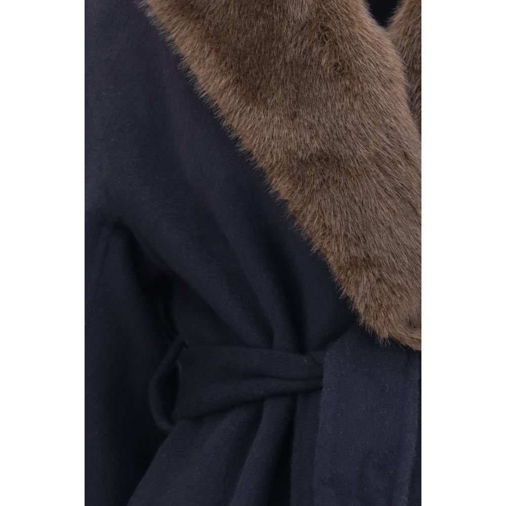 Overcoat by P.A.R.O.S.H. for women in merino wool calf leather & fur blue features a cosy chic silhouette, artfully detailed with a sophisticated and premium pockets for a cosy chic finish.