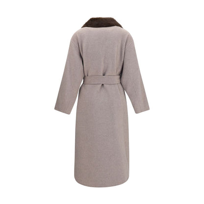 Overcoat by P.A.R.O.S.H. for women in merino wool calf leather & fur beige features an satoral silhouette, showcasing a sophisticated v-neck neckline and satoral pockets for a premium, timeless look.