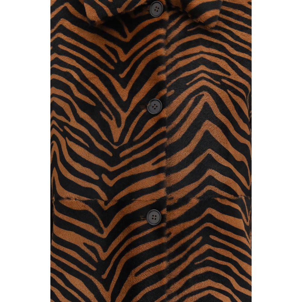 Overcoat by P.A.R.O.S.H. for women in leather multicolor, leopard-print & print features an satoral silhouette, showcasing a sophisticated and satoral pockets for a premium, timeless look.