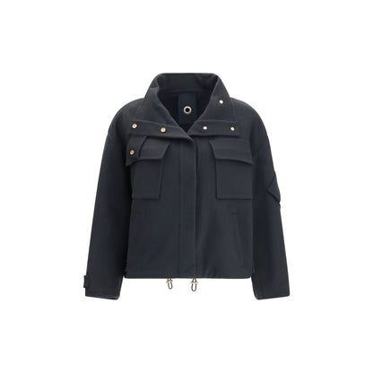 Overcoat by Giorgio Armani for women in cashmere & capra leather gray, gold & natural features an satoral silhouette, showcasing a sophisticated high-collar neckline and satoral pockets for a premium, timeless look.