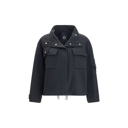 Overcoat by Giorgio Armani for women in cashmere & capra leather gray, gold & natural features an satoral silhouette, showcasing a sophisticated high-collar neckline and satoral pockets for a premium, timeless look.