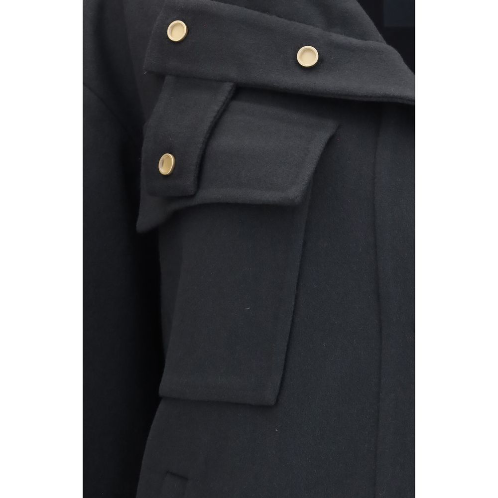 Overcoat by Giorgio Armani for women in cashmere & capra leather gray, gold & natural showcases a architectural silhouette, artfully detailed with a distinctive and functional pockets for a architectural finish.