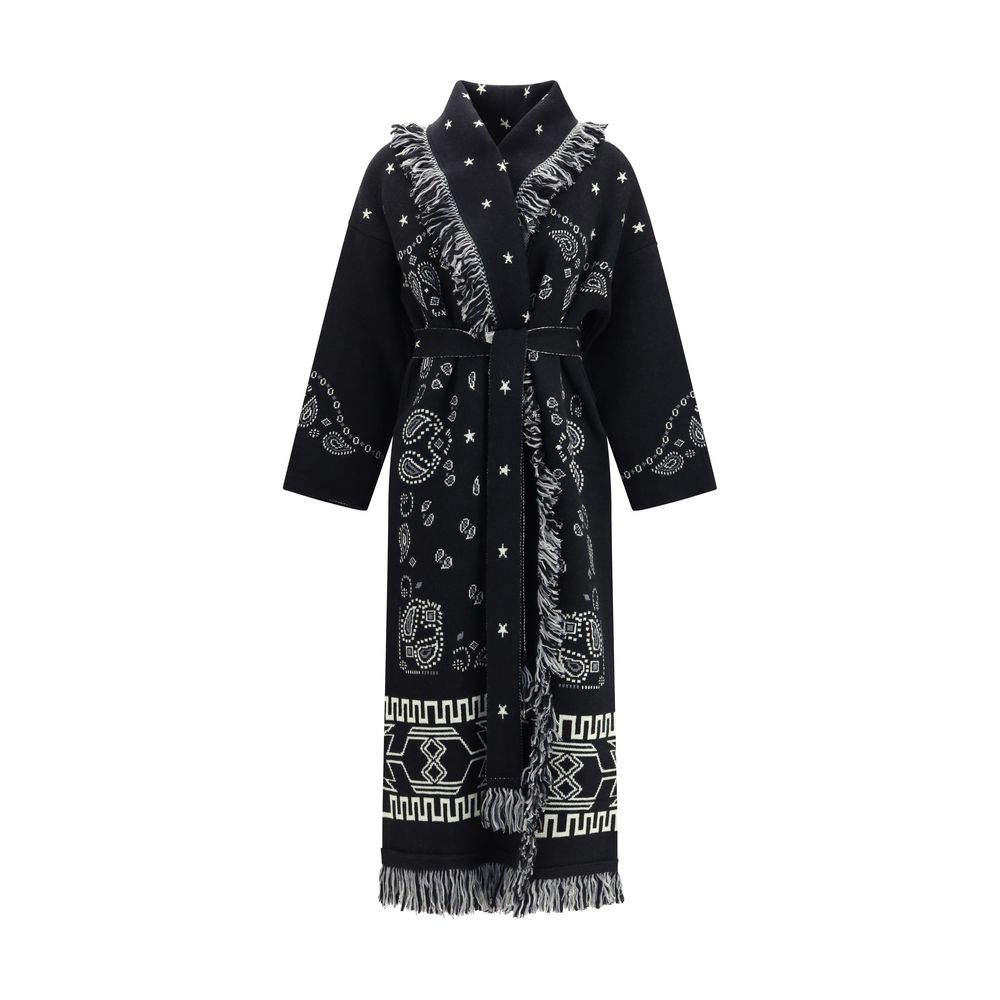 Overcoat by Alanui for women in wool black & jacquard features an voluminous silhouette, showcasing distinct pockets and a voluminous shawl-collar neckline for a truly voluminous aesthetic.