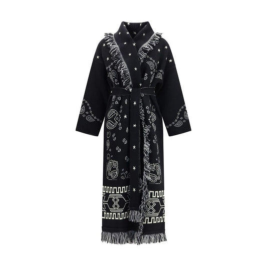 Overcoat by Alanui for women in wool black & jacquard features an voluminous silhouette, showcasing distinct pockets and a voluminous shawl-collar neckline for a truly voluminous aesthetic.