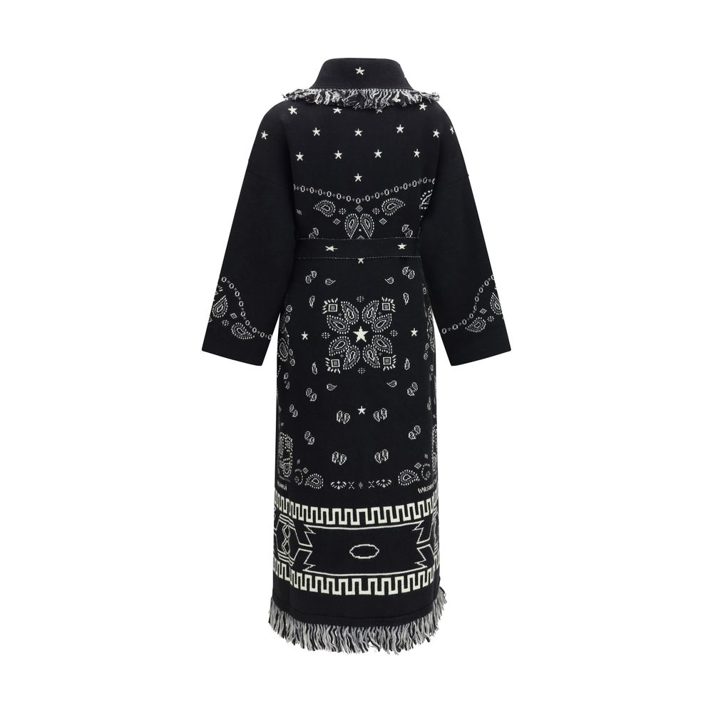 Overcoat by Alanui for women in wool black & jacquard showcases a architectural silhouette, artfully detailed with a distinctive shawl-collar neckline and functional pockets for a architectural finish.