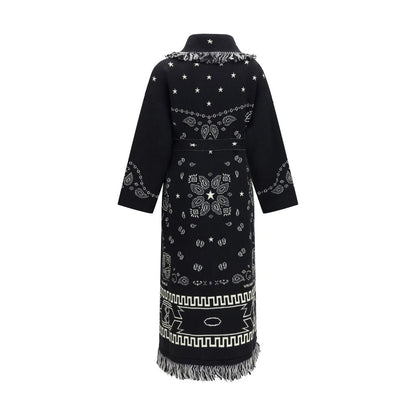 Overcoat by Alanui for women in wool black & jacquard showcases a architectural silhouette, artfully detailed with a distinctive shawl-collar neckline and functional pockets for a architectural finish.