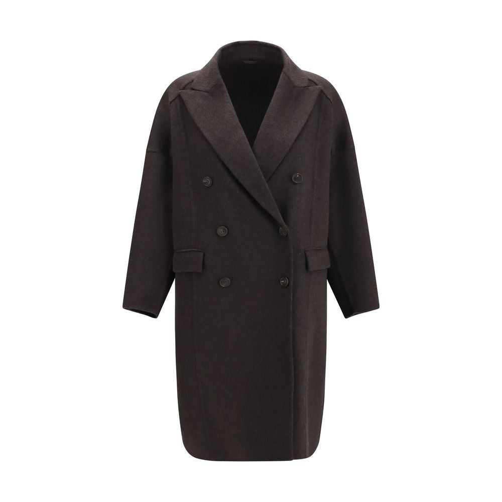 Overcoat by Brunello Cucinelli for women in cashmere & capra leather brown features an satoral silhouette, showcasing a sophisticated and satoral pockets for a premium, timeless look.
