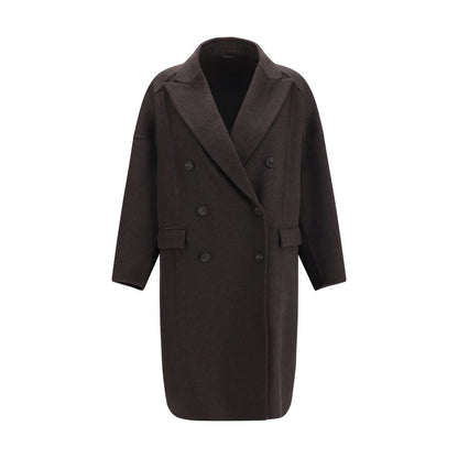 Overcoat by Brunello Cucinelli for women in cashmere & capra leather brown features an satoral silhouette, showcasing a sophisticated and satoral pockets for a premium, timeless look.