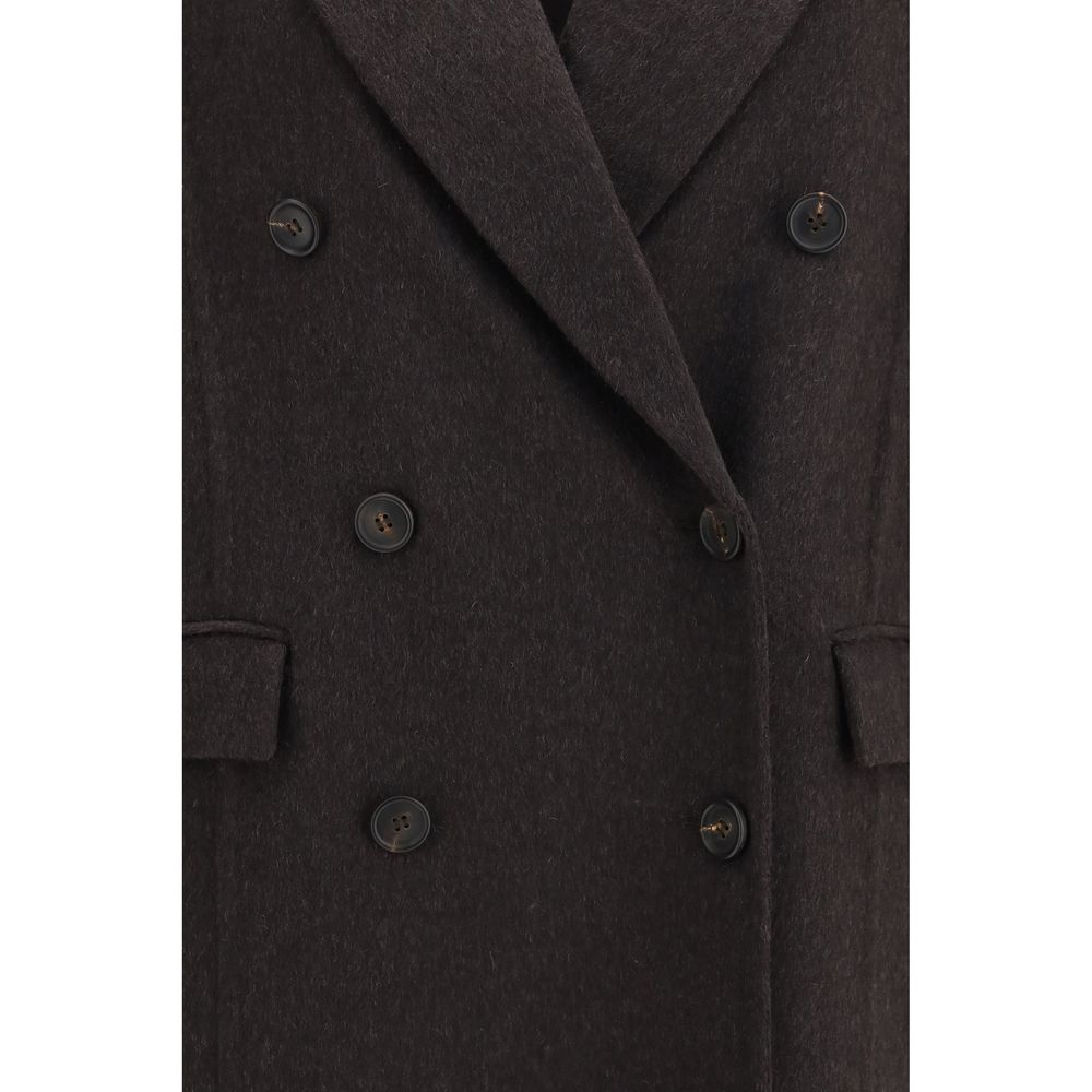 Overcoat by Brunello Cucinelli for women in cashmere & capra leather brown presents a luxurious silhouette, showcasing a luxurious and sophisticated pockets for a premium, luxurious look.
