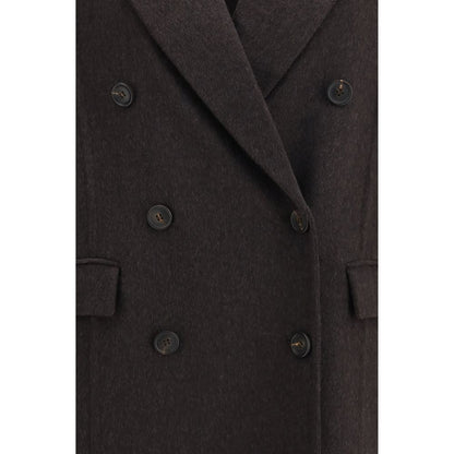 Overcoat by Brunello Cucinelli for women in cashmere & capra leather brown presents a luxurious silhouette, showcasing a luxurious and sophisticated pockets for a premium, luxurious look.