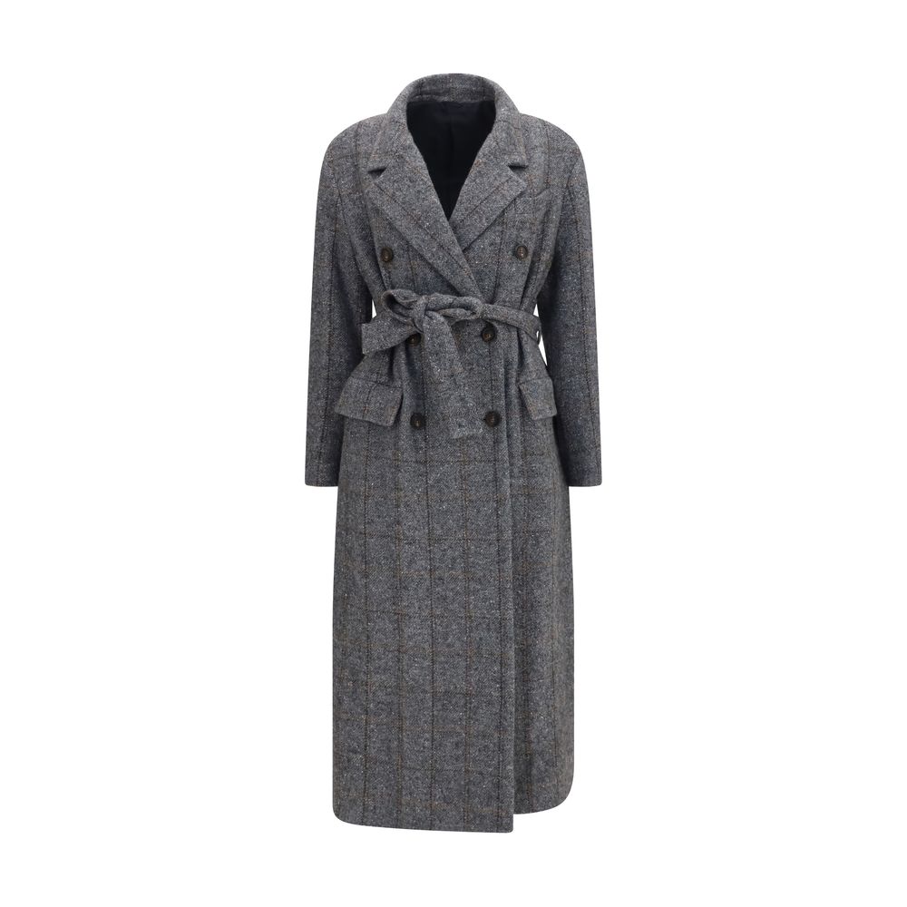 Overcoat by Brunello Cucinelli for women in polyamide viscose alpaca & merino wool gray & patterned features an voluminous silhouette, showcasing distinct pockets and a voluminous for a truly voluminous aesthetic.