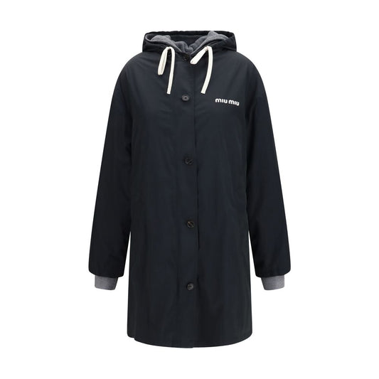 Hooded Pea Coat by Miu Miu for women in cotton black features an relaxed-luxury silhouette, showcasing a sophisticated hooded neckline and premium pockets & hooded for a truly relaxed-luxury look.