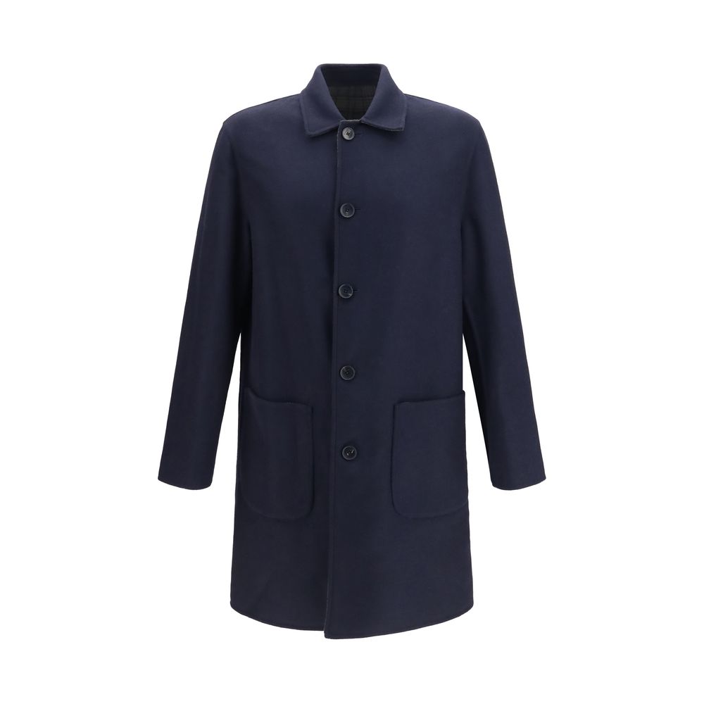 Overcoat by Etro for men in polyamide & merino wool blue presents a luxurious silhouette, showcasing a luxurious v-neck neckline and sophisticated pockets for a premium, luxurious look.