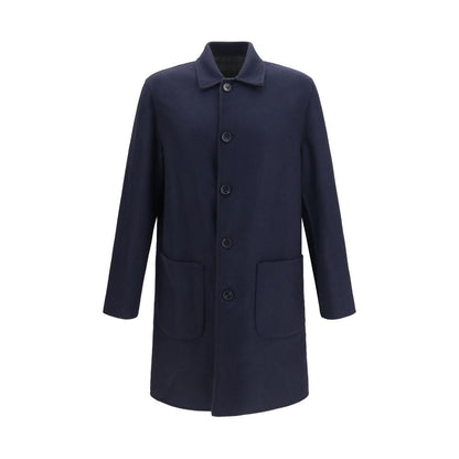 Overcoat by Etro for men in polyamide & merino wool blue presents a luxurious silhouette, showcasing a luxurious v-neck neckline and sophisticated pockets for a premium, luxurious look.