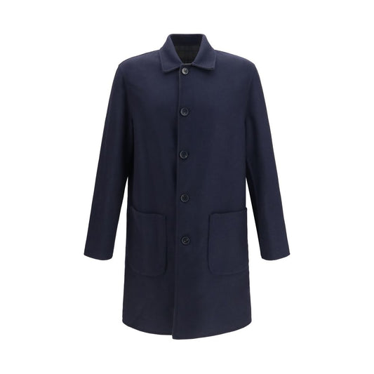 Overcoat by Etro for men in polyamide & merino wool blue presents a luxurious silhouette, showcasing a luxurious v-neck neckline and sophisticated pockets for a premium, luxurious look.