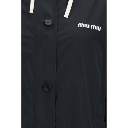 Hooded Pea Coat by Miu Miu for women in cotton black features a stylish silhouette, detailed with pockets & hooded and a stylish for a sophisticated finish.