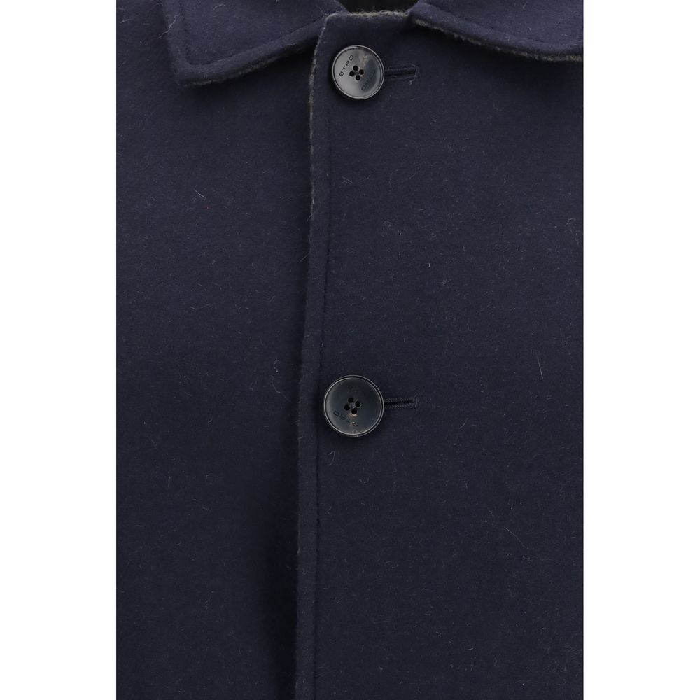 Overcoat by Etro for men in polyamide & merino wool blue showcases a architectural silhouette, artfully detailed with a distinctive v-neck neckline and functional pockets for a architectural finish.
