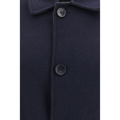 Overcoat by Etro for men in polyamide & merino wool blue showcases a architectural silhouette, artfully detailed with a distinctive v-neck neckline and functional pockets for a architectural finish.