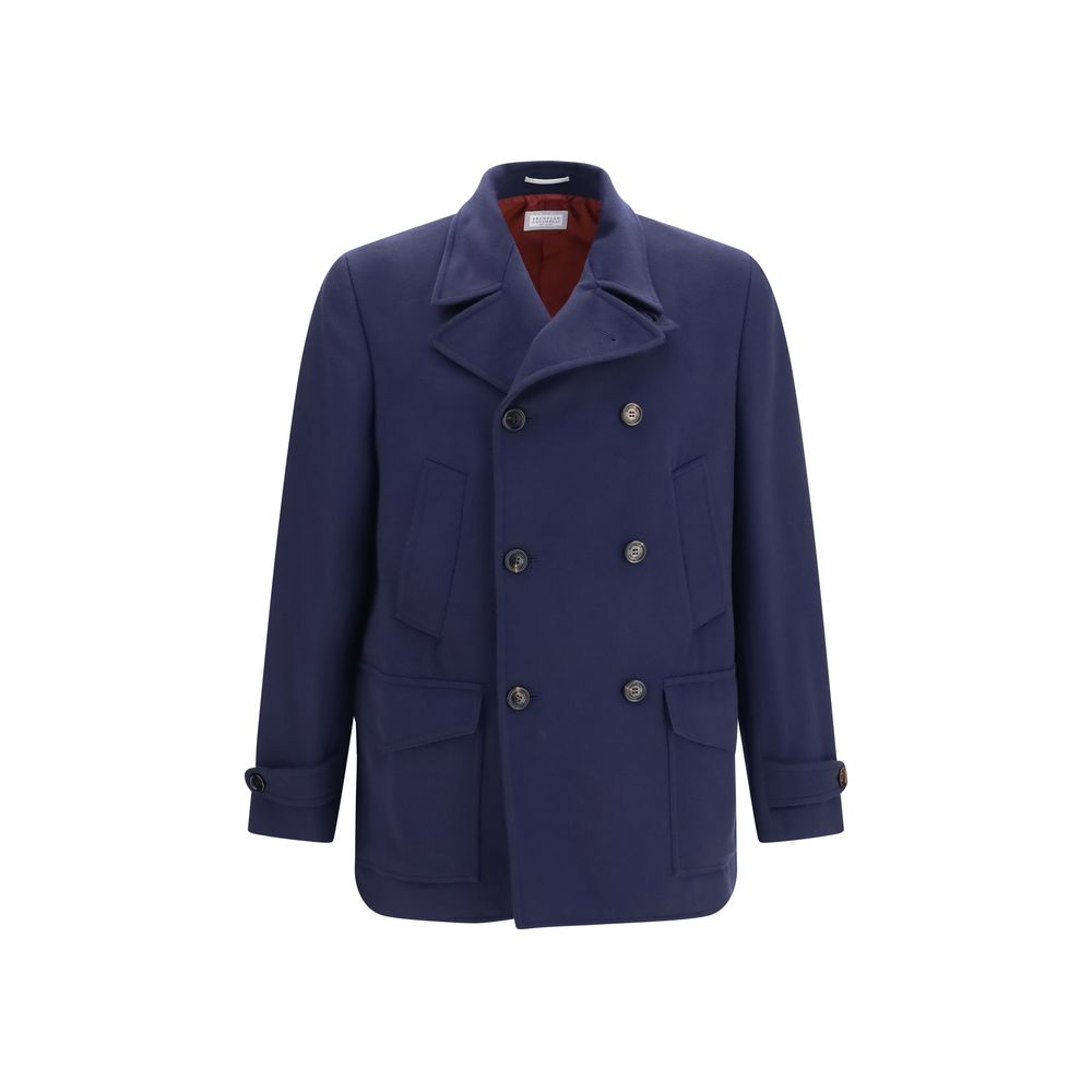 Overcoat by Brunello Cucinelli for men in merino wool blue features a cosy chic silhouette, artfully detailed with a sophisticated and premium pockets for a cosy chic finish.