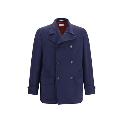 Overcoat by Brunello Cucinelli for men in merino wool blue features a cosy chic silhouette, artfully detailed with a sophisticated and premium pockets for a cosy chic finish.