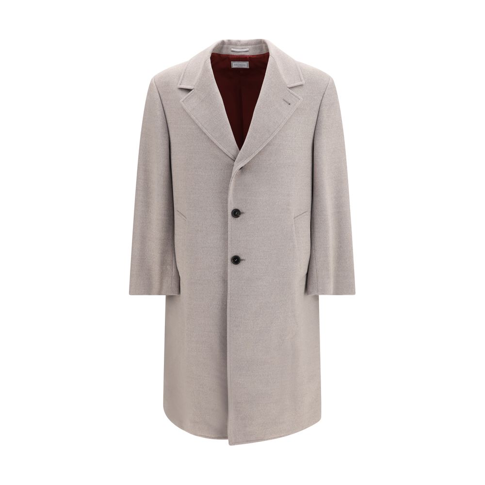 Overcoat by Brunello Cucinelli for men in virgin wool beige presents a luxurious silhouette, showcasing a luxurious and sophisticated pockets for a premium, luxurious look.