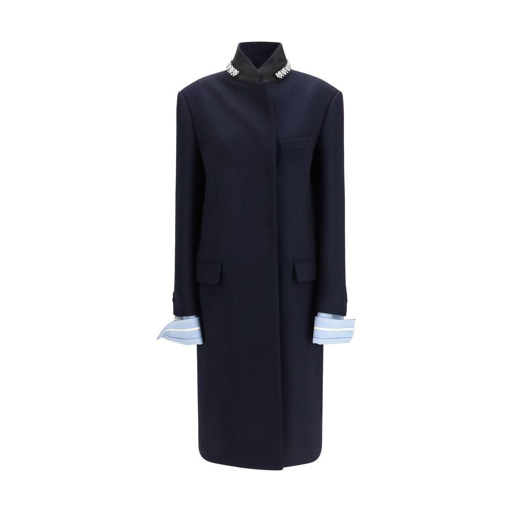 Overcoat by Prada for women in wool blue features a cosy chic silhouette, artfully detailed with a sophisticated single-breasted neckline and premium pockets for a cosy chic finish.
