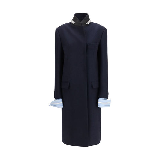 Overcoat by Prada for women in wool blue features a cosy chic silhouette, artfully detailed with a sophisticated single-breasted neckline and premium pockets for a cosy chic finish.