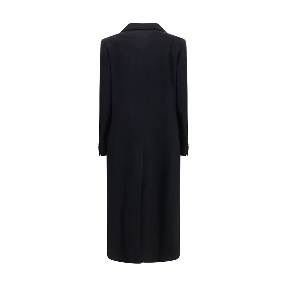 Overcoat by Our Legacy for women in mohair wool & polyamide black & horn features an voluminous silhouette, showcasing distinct pockets and a voluminous lapel neckline for a truly voluminous aesthetic.