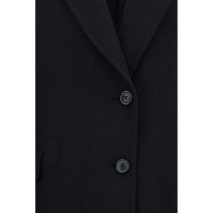 Overcoat by Our Legacy for women in mohair wool & polyamide black & horn showcases a architectural silhouette, artfully detailed with a distinctive and functional pockets for a architectural finish.