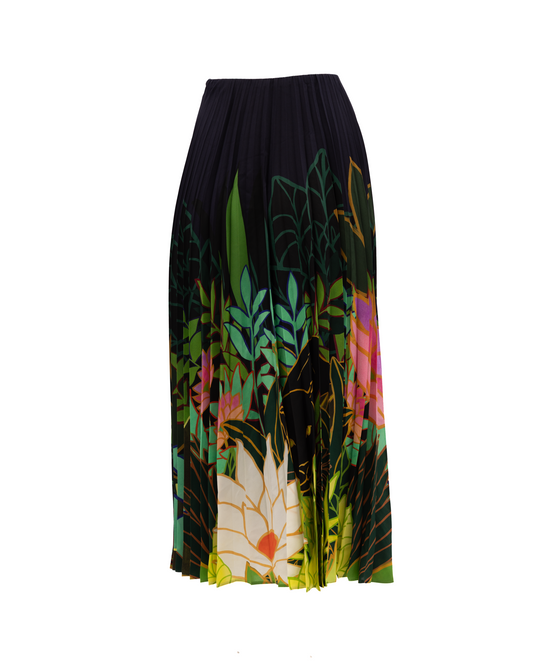 Skirt by Valentino Garavani for women in silk black, multicolor, floral & print showcases a sultry silhouette, elegantly defined by its maxi long and the sophisticated sultry design of the Women's Pleated Maxi Long Skirt.