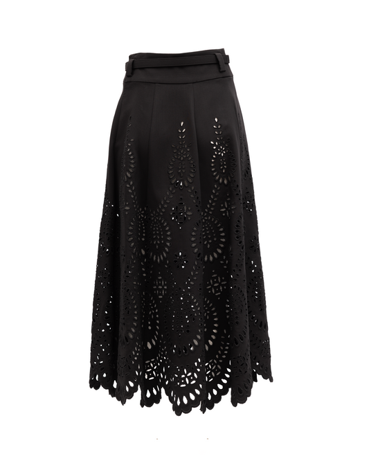 Skirt by Valentino Garavani for women in silk black, patterned & floral showcases a sultry silhouette, elegantly defined by its midi long and the sophisticated sultry design of the Women's A Line High Rise Midi Long Skirt.