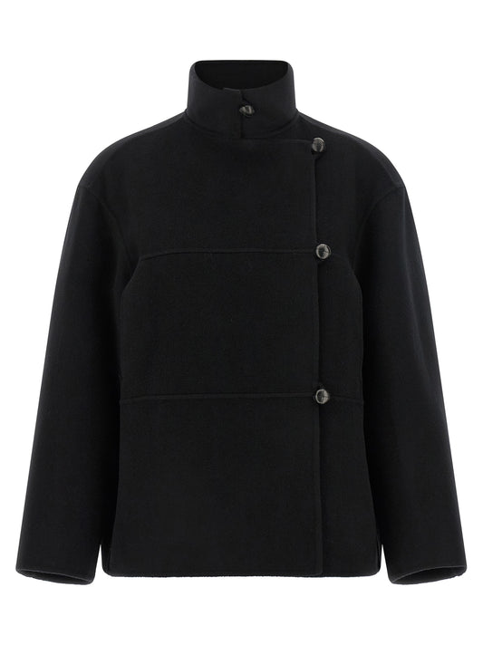 Overcoat by Rohe for women in cashmere wool & leather black presents a luxurious silhouette, showcasing a luxurious high-neck neckline and sophisticated for a premium, luxurious look.