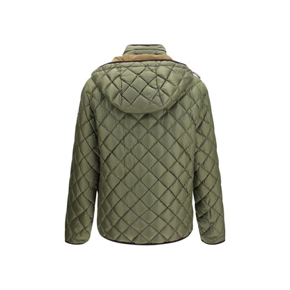 Hooded Puffer Jacket by Moncler for men in polyamide velvet & goose-down multicolor features a dramatic silhouette, showcasing a sophisticated hooded neckline and distinctive pockets, hooded & insulated for a dramatic aesthetic.