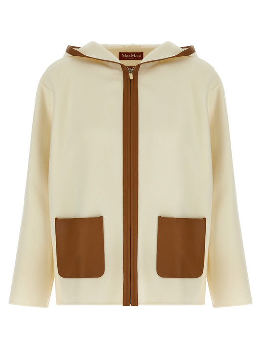 Hooded Overcoat by Max Mara for women in cashmere silk leather & virgin wool brown, gold & white features an satoral silhouette, showcasing a sophisticated hooded neckline and satoral hooded for a premium, timeless look.