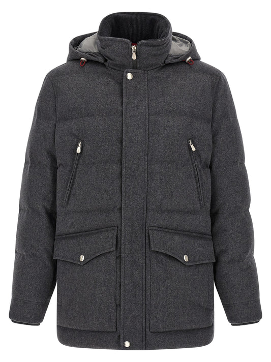 Hooded Parka by Brunello Cucinelli for men in flannel metal & wool gray & silver features a stylish silhouette, meticulously detailed with a sophisticated hooded neckline and functional pockets, hooded & insulated for a stylish finish.